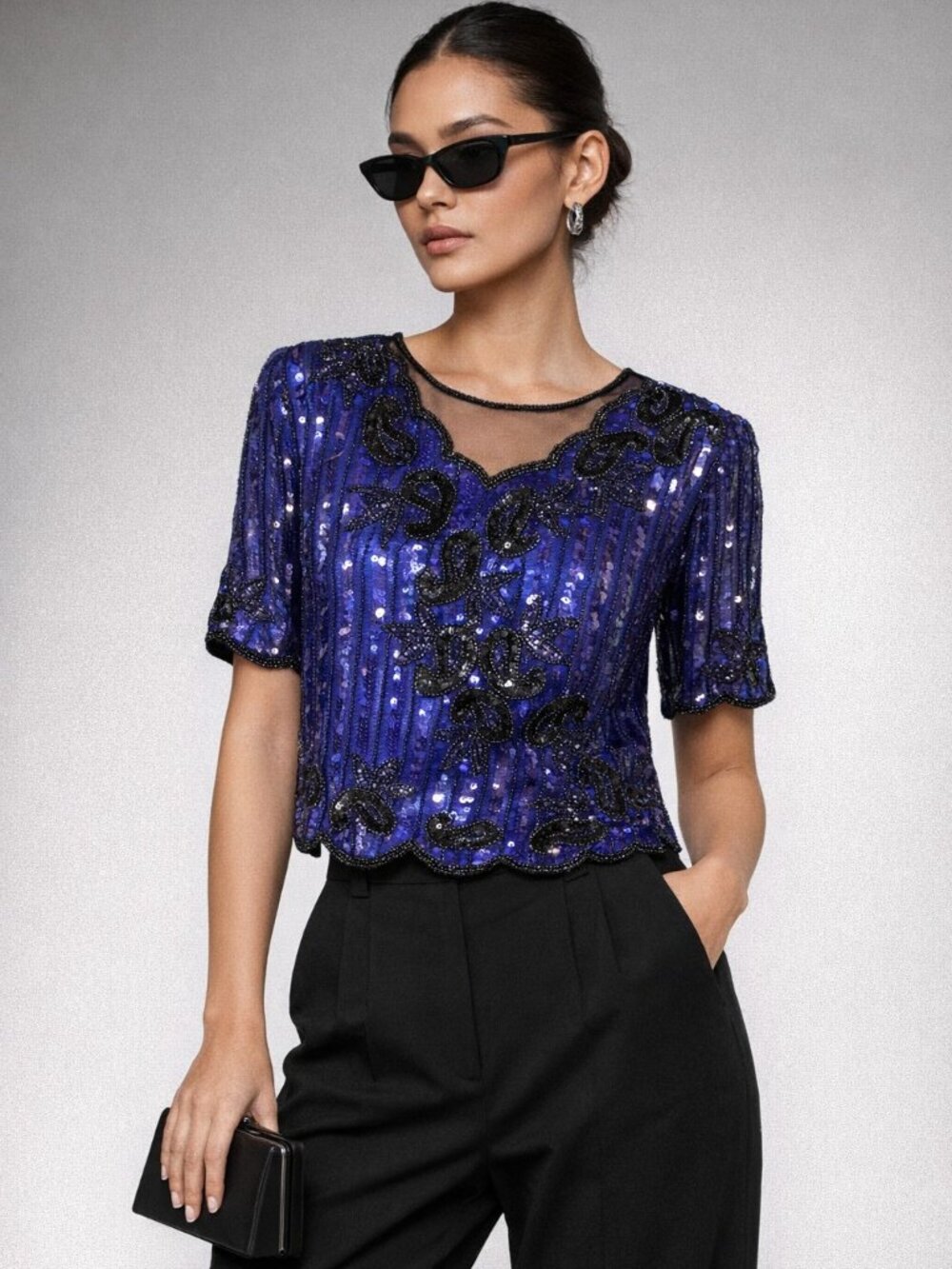 Stenay VTG sequin beaded Silk Blouse Medium 80s Glam Deco inspired